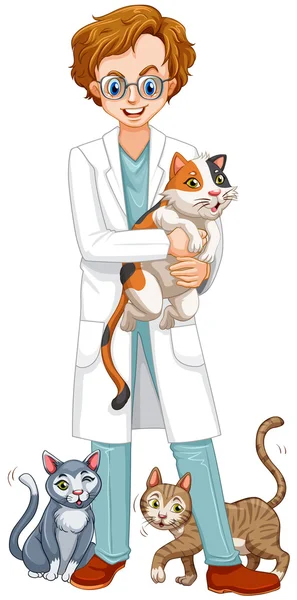 Veterinaria con muchos gatos — Vector de stock