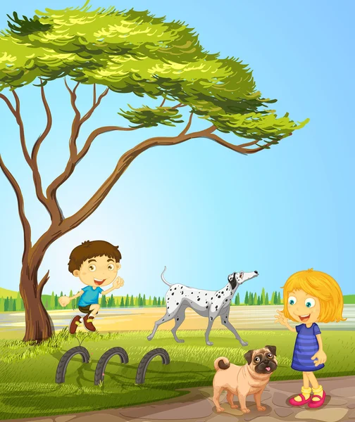 Kinder spielen mit Hunden im Park — Stockvektor