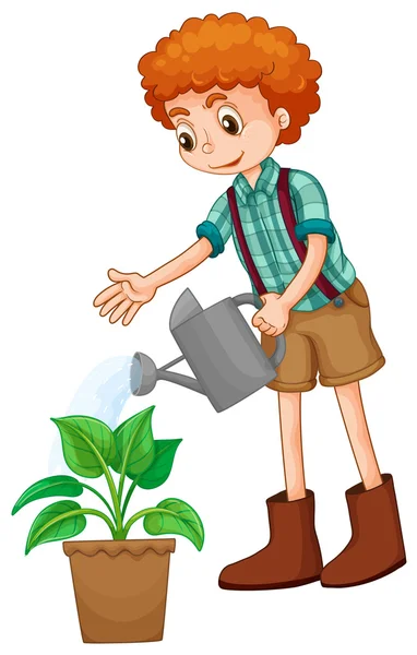 Мальчик поливает растение — стоковый вектор