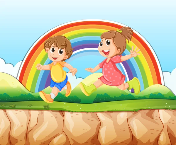 Boy and girl running on the cliff — Stock Vector