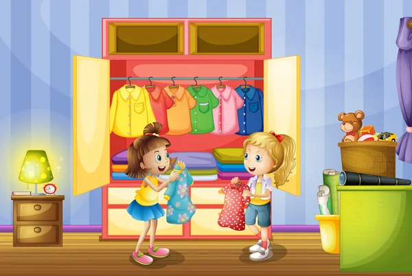 Two girls choosing clothes from closet — Stock Vector