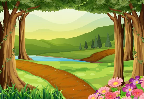 Escena natural con río y bosque — Vector de stock