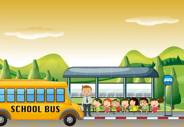 Bambini che salgono sullo scuolabus alla fermata — Vettoriale Stock