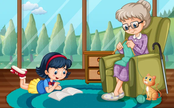 読んでいる女の子とおばあちゃんの編み物 — ストックベクタ