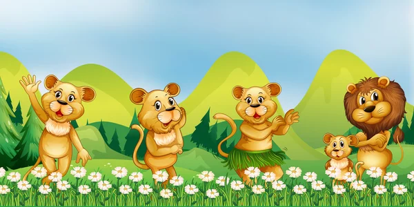 Lion family in the flower field — Stock Vector