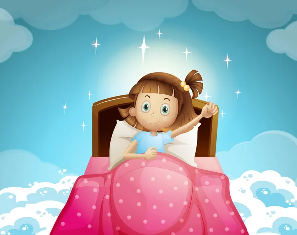 Chica durmiendo en la cama con el fondo del cielo — Vector de stock