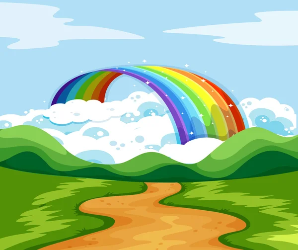 Nature scene with rainbow at the end of the road — Stock Vector