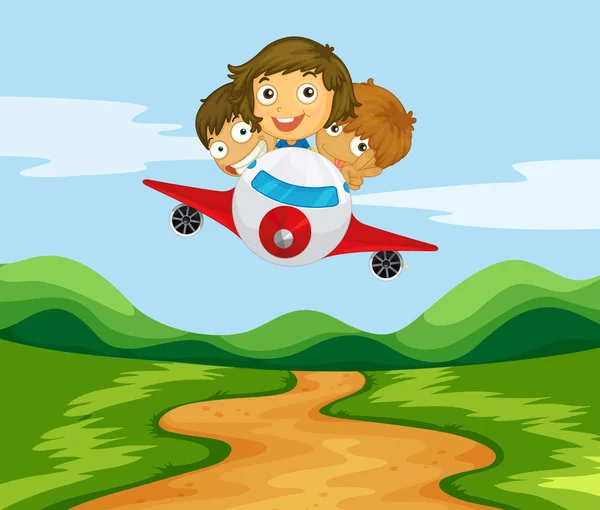 Three kids flying the plane over the hills — Stock Vector
