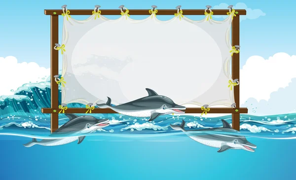 Projeto de fronteira com três golfinhos nadando — Vetor de Stock