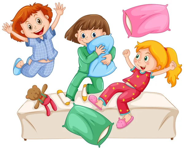 Drie meisjes spelen kussen vechten op de slumber party — Stockvector