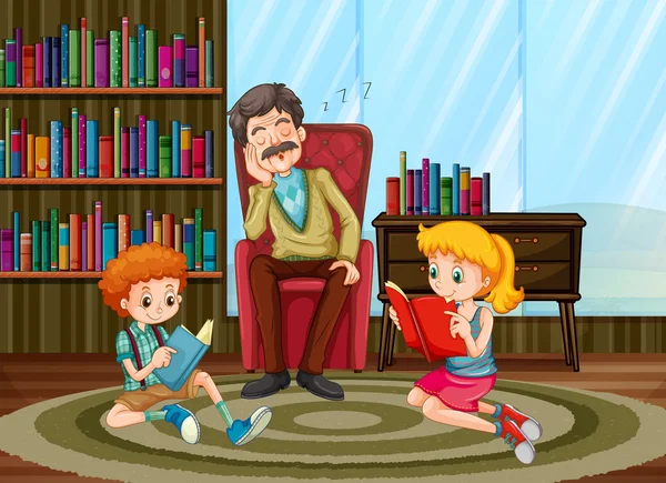 Miembros de la familia leyendo en la sala — Vector de stock