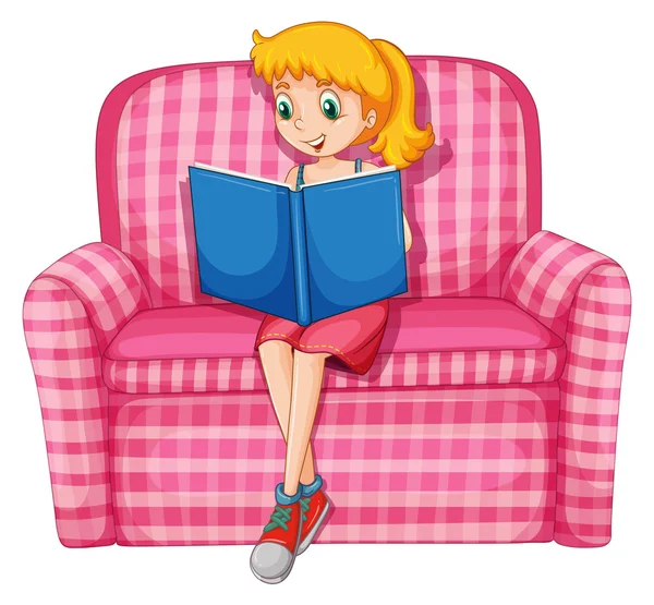 Девочка читает книгу на диване Стоковая Иллюстрация