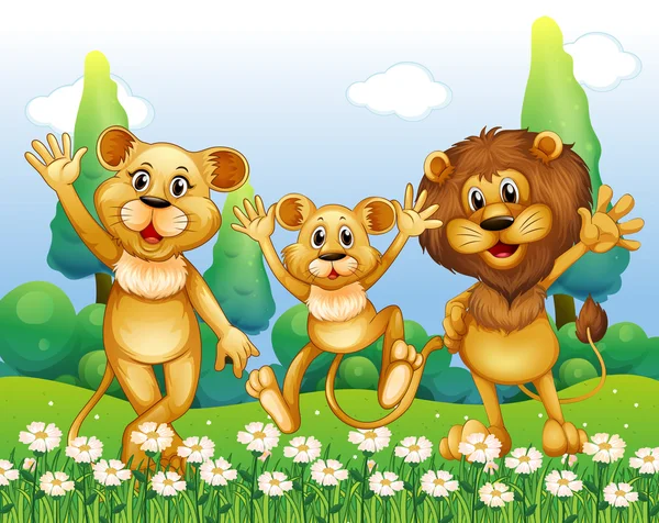 Lion rodzina stoi w polu kwiat — Wektor stockowy