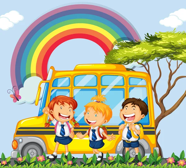 Students standing next to the school bus — Stock Vector