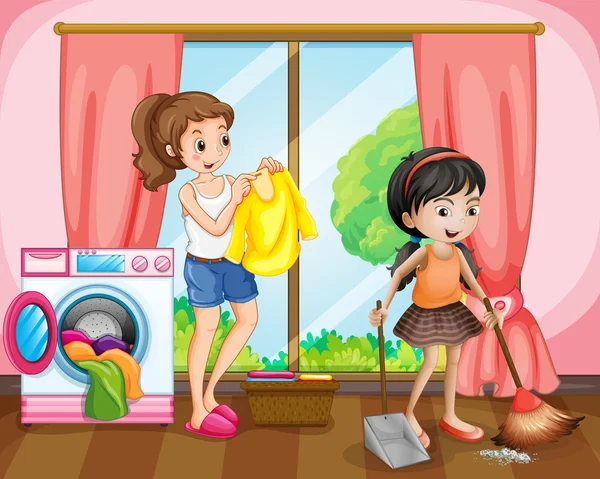 Two girls doing chores at home — Stock Vector