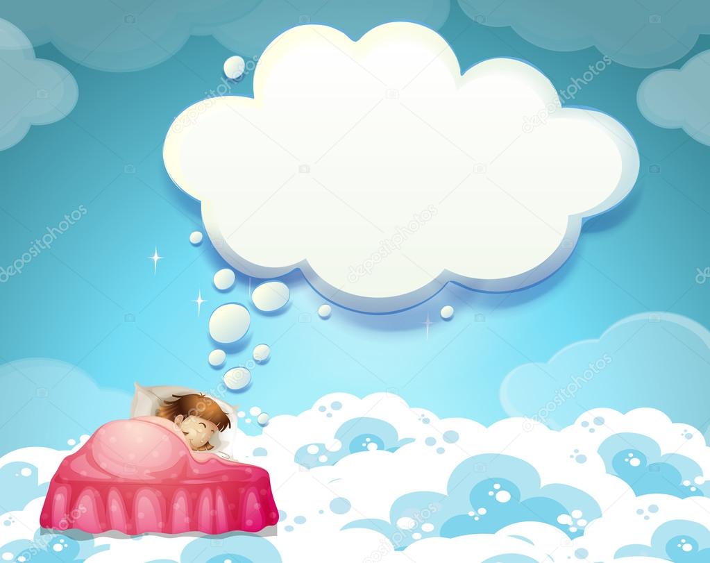 Girl sleeping in bed with clouds background