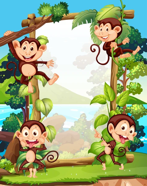 Border design with four monkeys — Stock Vector