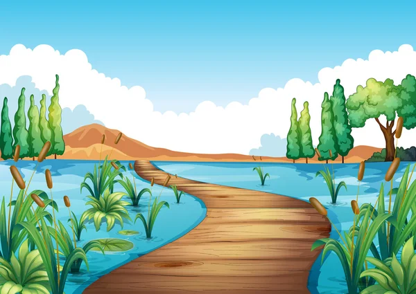 Escena natural con puente sobre el río — Vector de stock