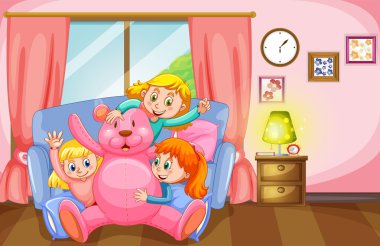 Üç kız ve oturma odasında pembe bir oyuncak ayı
