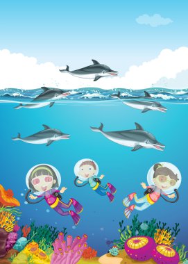 Dolphins and kids swimming under the sea clipart