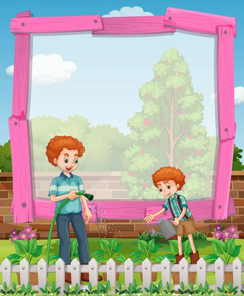 Frame design with father and son in the garden — Stock Vector