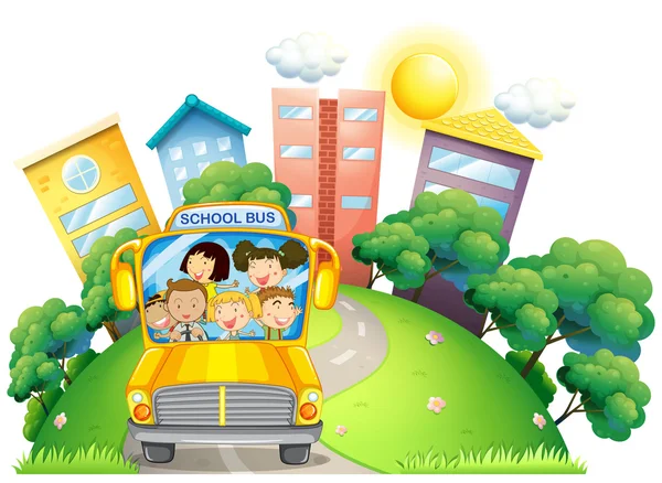 Anak-anak dan guru di bus sekolah - Stok Vektor
