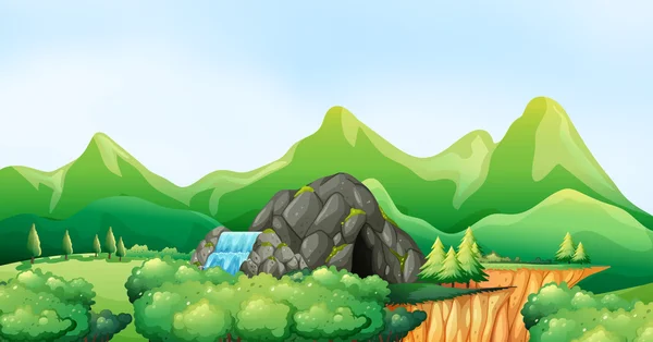Přírodní scéna s vodopádem a jeskyně — Stockový vektor