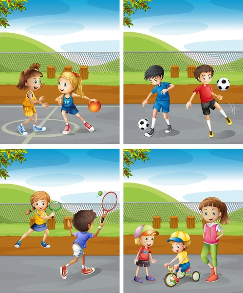 Crianças jogando diferentes esportes no parque —  Vetores de Stock