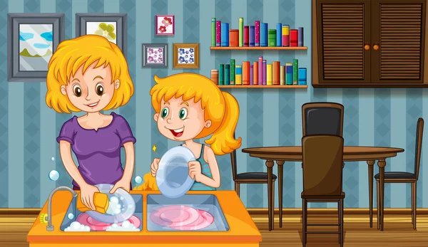 Мать и ребенок моют посуду вместе — стоковый вектор