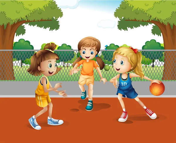 Три девушки играют в баскетбол на площадке — стоковый вектор