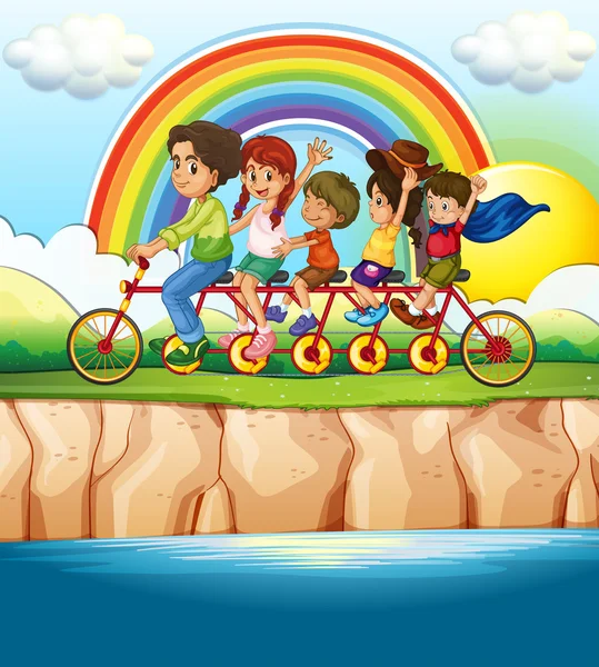 Family riding bicycle along the river — Stock Vector