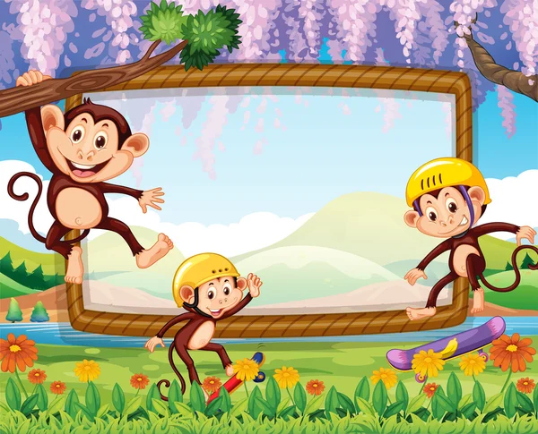 Design de la frontière avec trois singes dans le parc — Image vectorielle