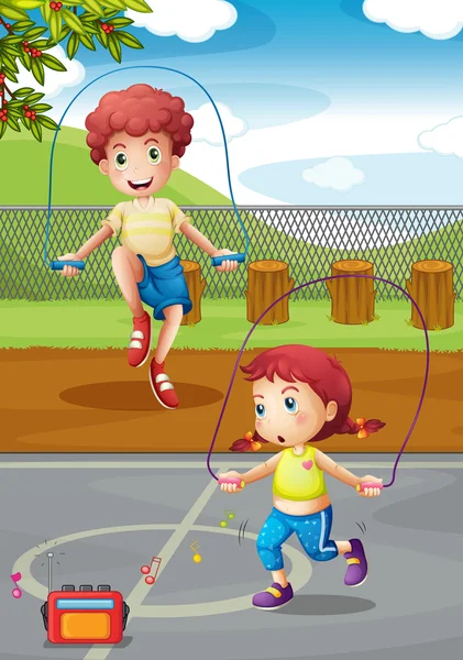 Boy and girl doing jumprope in the park — Stock Vector