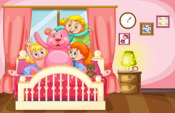 Kids and teddy bear in bedroom — Stock Vector