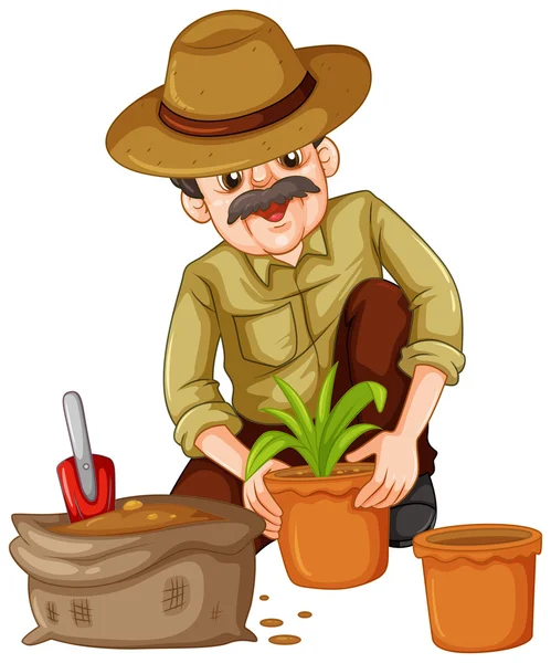 Mann pflanzt Pflanze in den Topf — Stockvektor