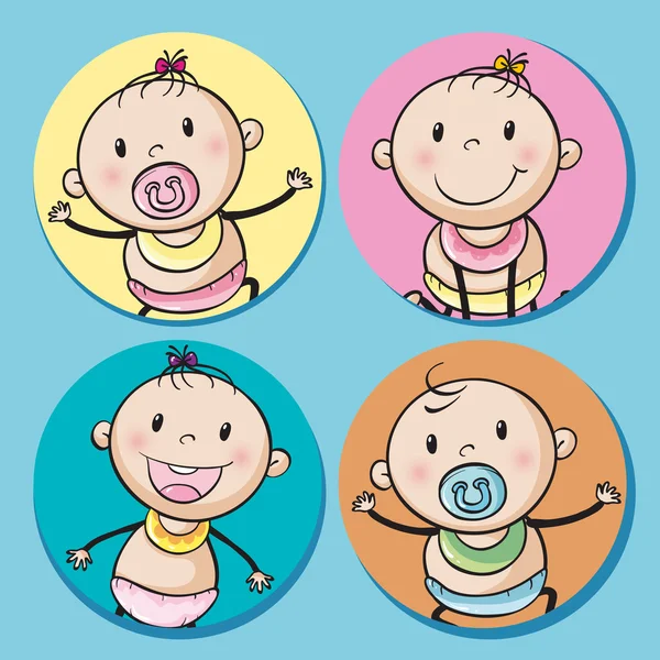 Baby boys and girls on round badge — Stock Vector