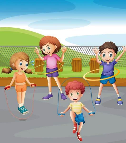 Niños y niñas haciendo ejercicio en el parque — Vector de stock