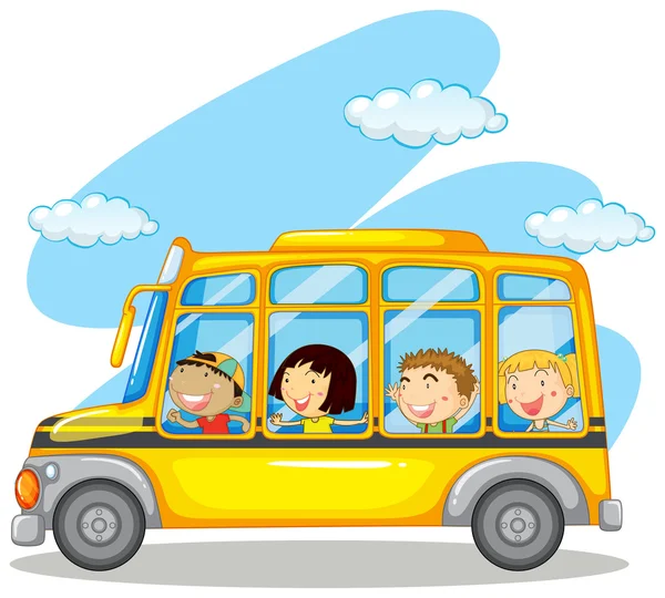 Bambini che viaggiano su autobus giallo — Vettoriale Stock