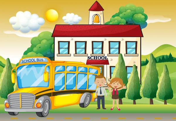 Teachers and school bus at the school — Stock Vector