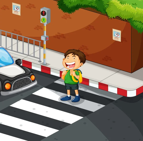Niño cruzando la calle en el cruce de cebra — Vector de stock