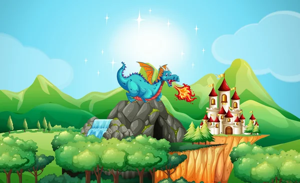 Dragon fire waait over het kasteel — Stockvector
