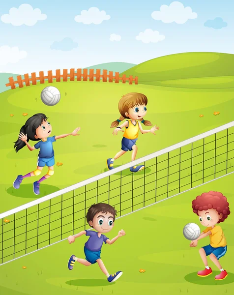 Boys and girls playing volleyball in the park — Stock Vector