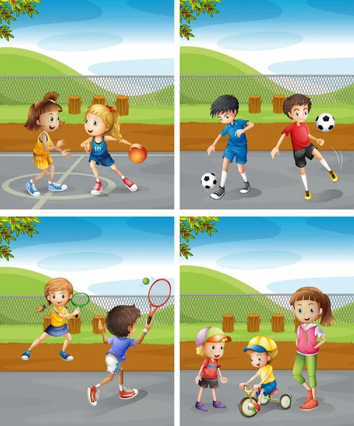 Children playing different sports in the park — Stock Vector