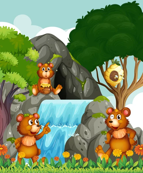 Bears relaxing by the waterfall Stock Illustration