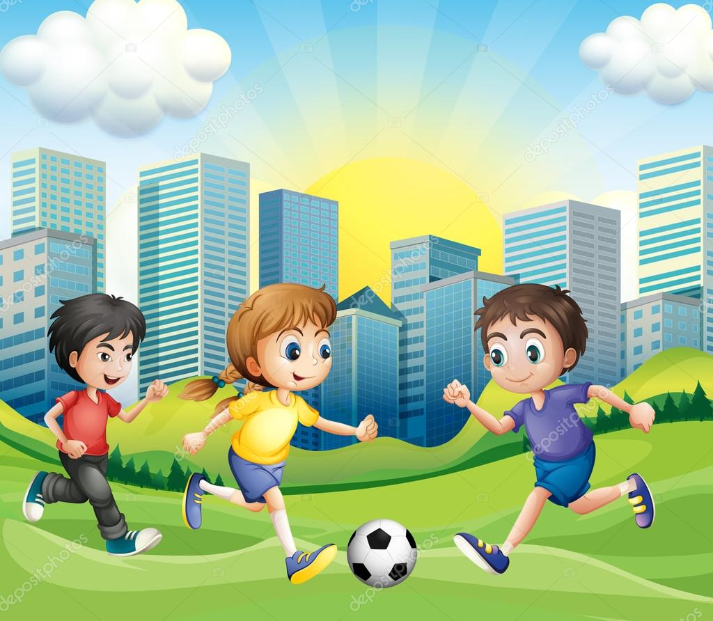 Crianças jogando futebol no parque ilustração vetorial de desenho cartazes  para a parede • posters jovem, branco, vetor