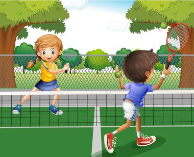 Erkek ve kız parkta tenis oynamaya