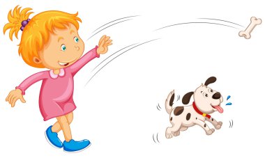 Girl throwing bone and dog catching it clipart