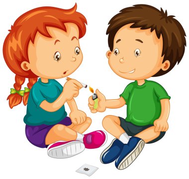 Oğlan ve kız sigara içmek çalışıyor