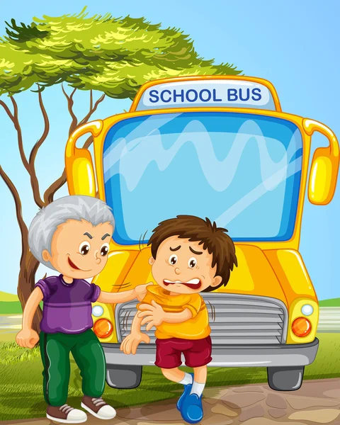 Bully boy molestando a otro chico en el autobús escolar — Archivo Imágenes Vectoriales