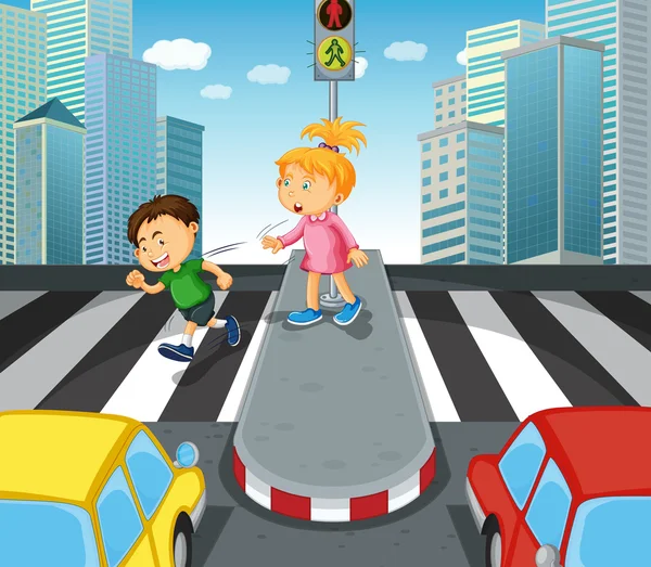 Menino e menina atravessando a rua — Vetor de Stock